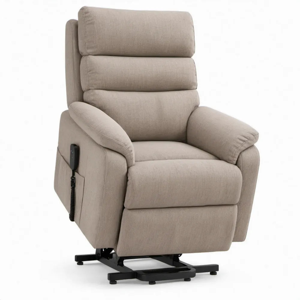 Elektrische sta-op relaxfauteuil beige met stalen onderstel, 85 x 90 x 105 cm