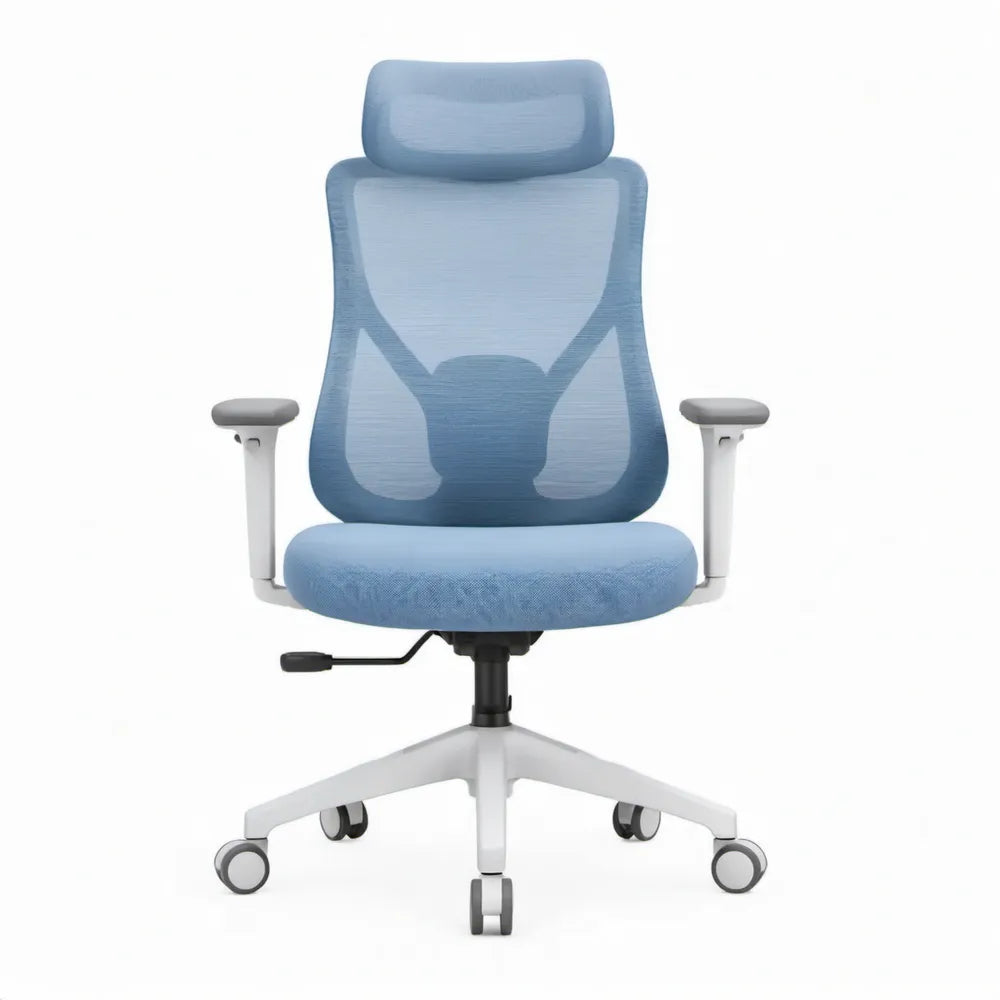 Ergonomische bureaustoel met verstelbare hoofdsteun en armleuningen, blauw/wit/zwart, 66 x 66 x 116-126 cm
