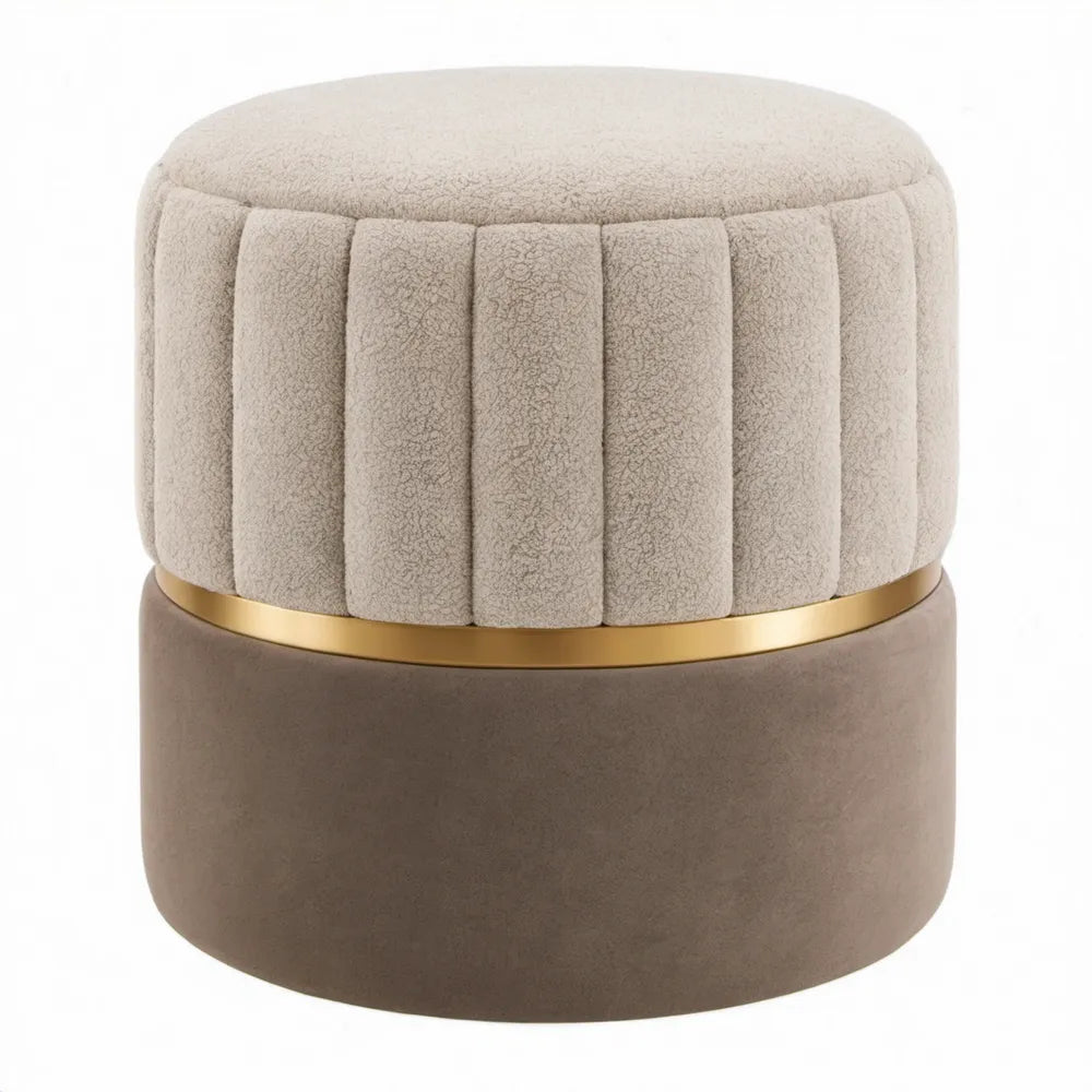 Ronde poef van bouclé en fluweel in beige, bruin en goud – Ø 40 x H 45 cm