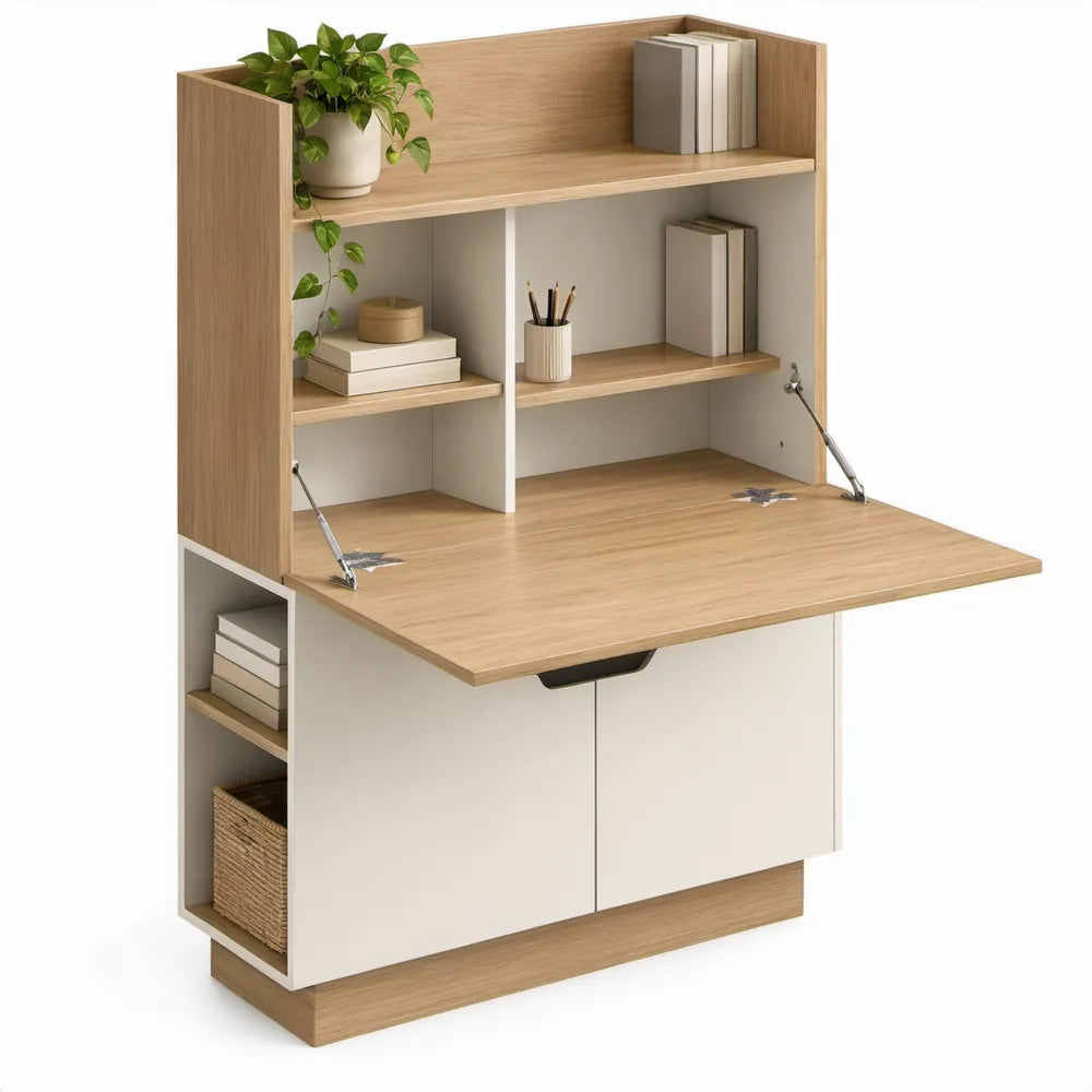 Opklapbaar secretairebureau met opbergruimte, 100 x 50 x 180 cm, eikenkleurig/wit