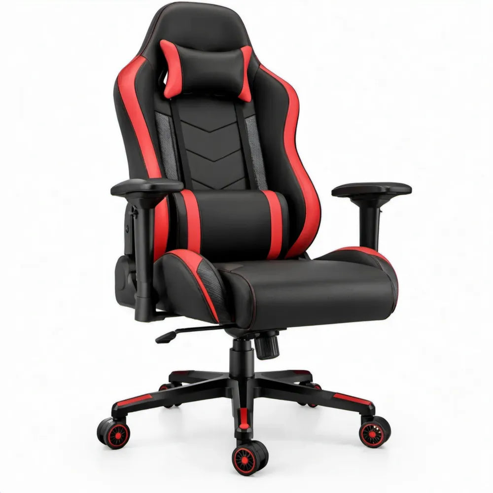 Gamingstoel van zwart en rood kunstleer met verstelbare rugleuning, 65 x 65 x 118-128 cm