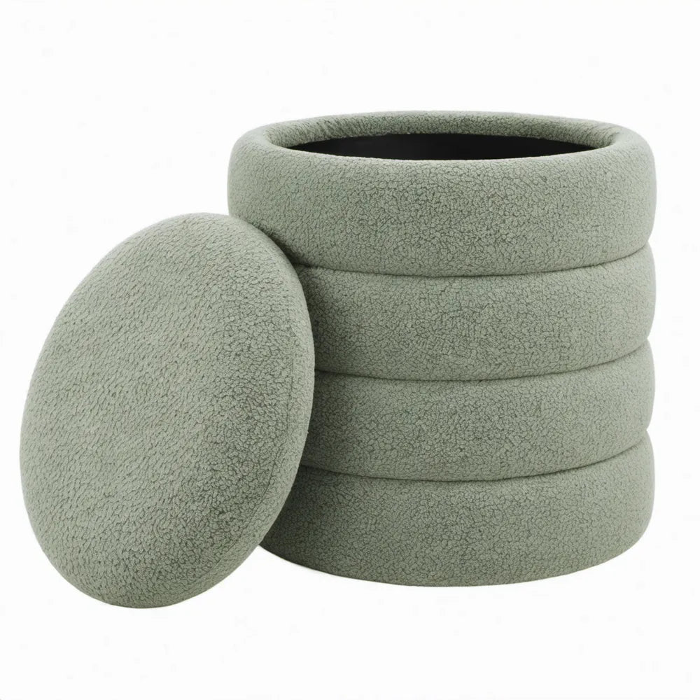 Ronde opbergpoef met deksel, 40 x 40 x 44 cm, saliegroen bouclé