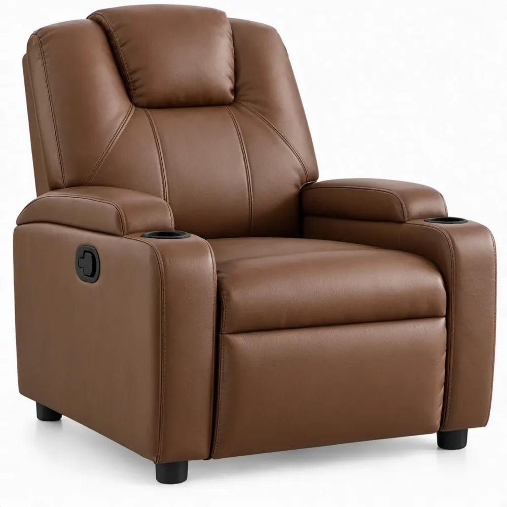 Bruine handmatig verstelbare relaxfauteuil van PU-leer met bekerhouders, 90 x 92 x 102 cm