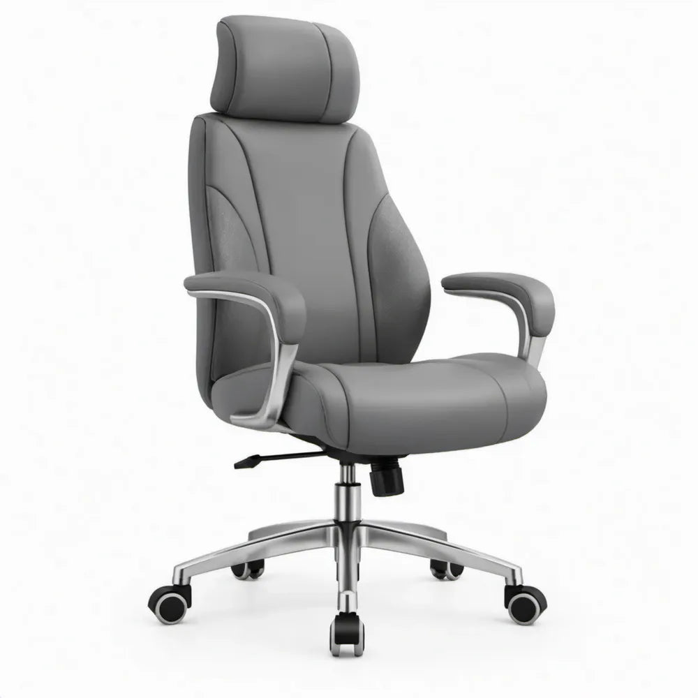 Ergonomische grijze bureaustoel van PU-kunstleer met hoofdsteun, 68 x 68 x 116-126 cm