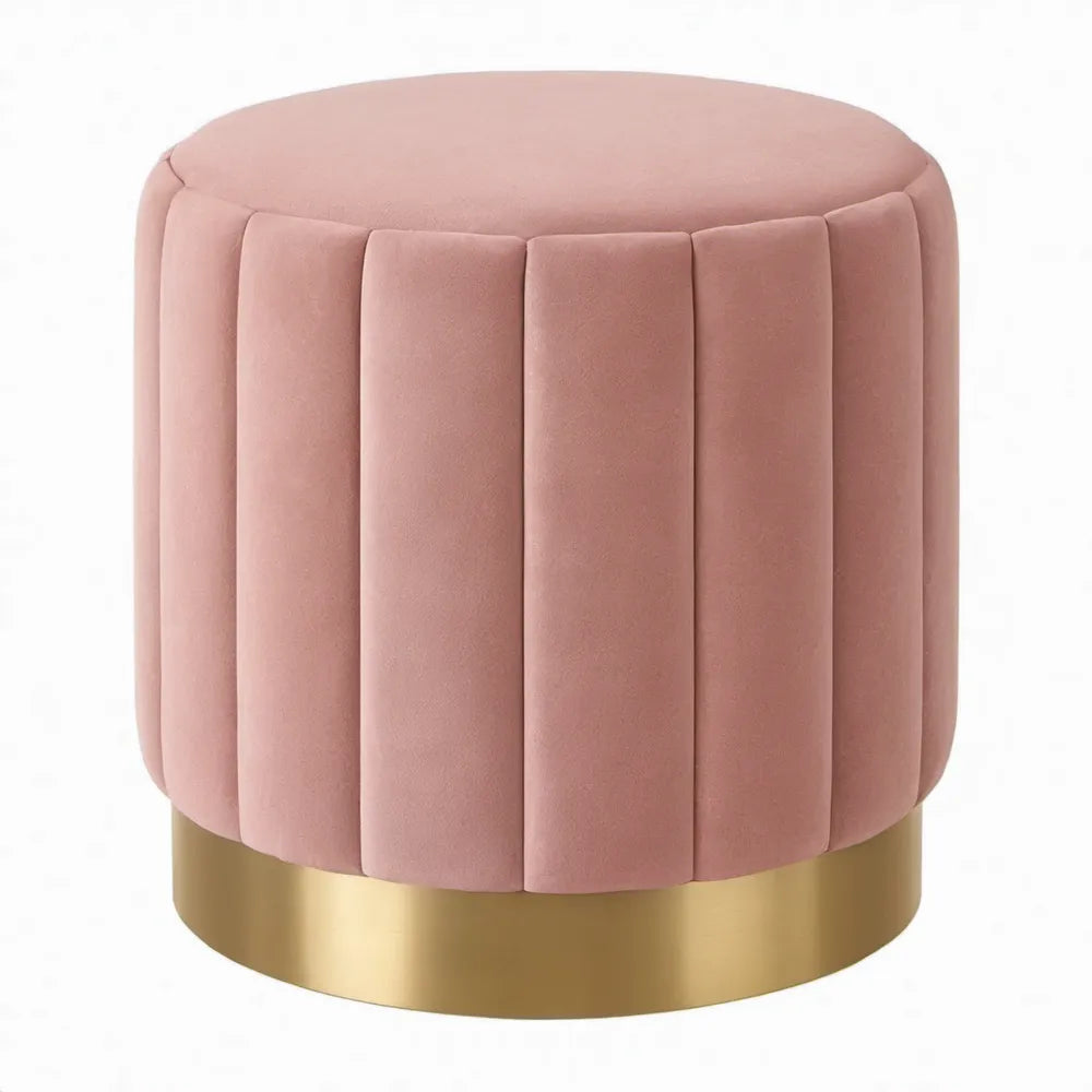 Ronde roze fluwelen poef met goudkleurige roestvrijstalen voet, 40 x 42 cm