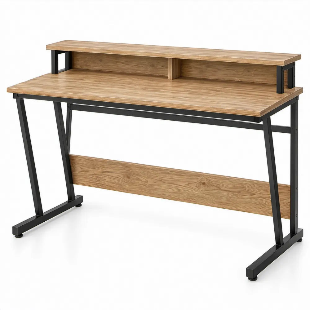 Bruin/Zwart werkbureau met verhoogd monitorplatform, 120 x 60 x 88 cm