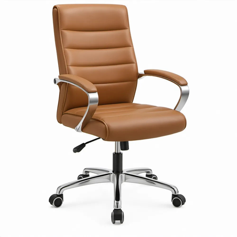 Cognacbruine bureaustoel met hoge rugleuning, verstelbare zithoogte en chroomkleurig onderstel, 64 x 64 x 112-122 cm