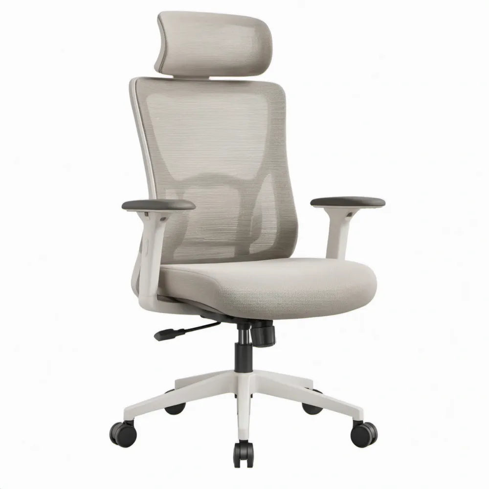 Ergonomische grijs-witte bureaustoel met hoofdsteun, armleuningen en wielen, 64 x 64 x 118-128 cm