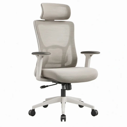 Ergonomische grijs-witte bureaustoel met hoofdsteun, armleuningen en wielen, 64 x 64 x 118-128 cm