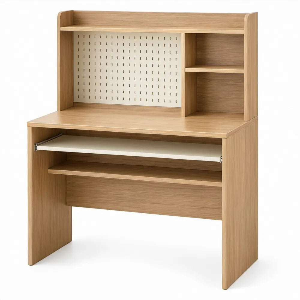 Compact bureau met opzetkast, geperforeerd paneel en uitschuifbaar toetsenbordblad – 80 x 50 x 140 cm – Licht eiken/Wit