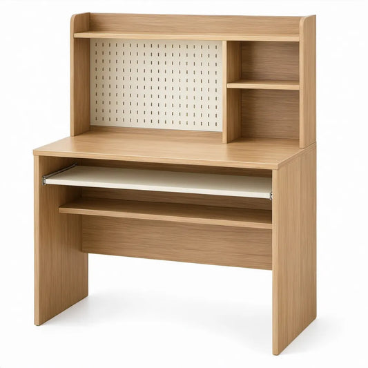 Compact bureau met opzetkast, geperforeerd paneel en uitschuifbaar toetsenbordblad – 80 x 50 x 140 cm – Licht eiken/Wit