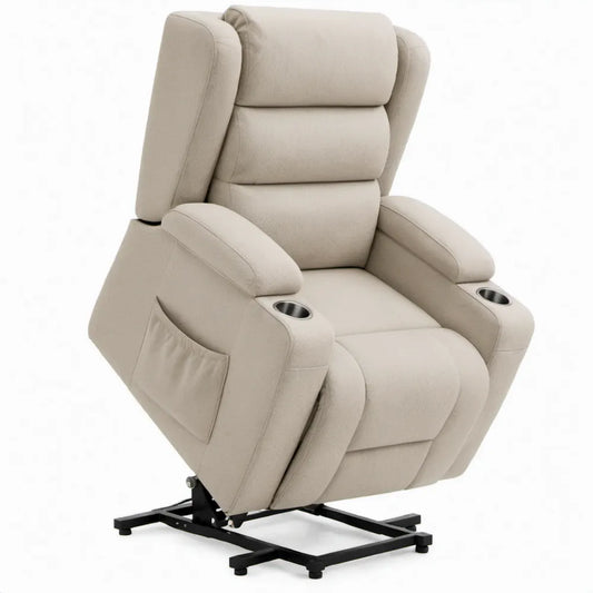 Elektrische sta-opfauteuil met relaxfunctie, bekerhouders en zijvak, beige, 88 x 95 x 108 cm