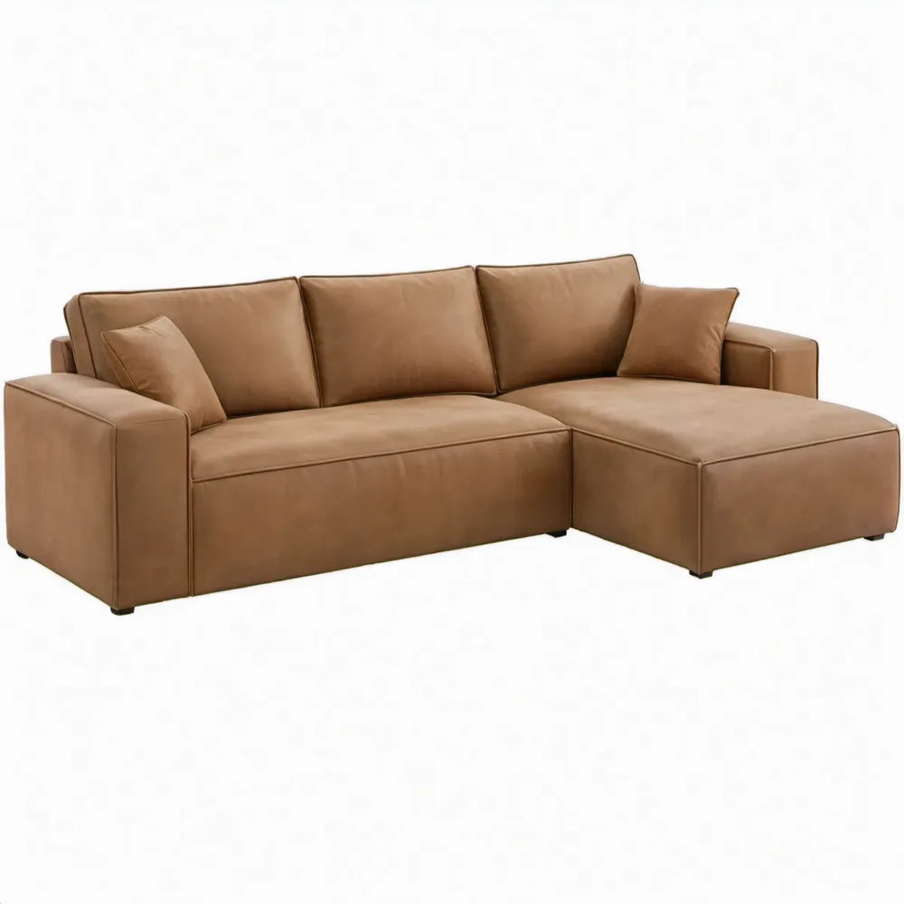 Cognackleurige L-vormige hoekbank met chaise longue rechts, 260 x 160 x 85 cm, PU-kunstleer
