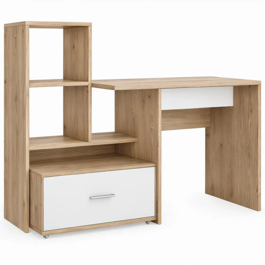 Hoekbureau met opbergplanken en lade, 120 x 60 x 150 cm, eikenkleurig/wit