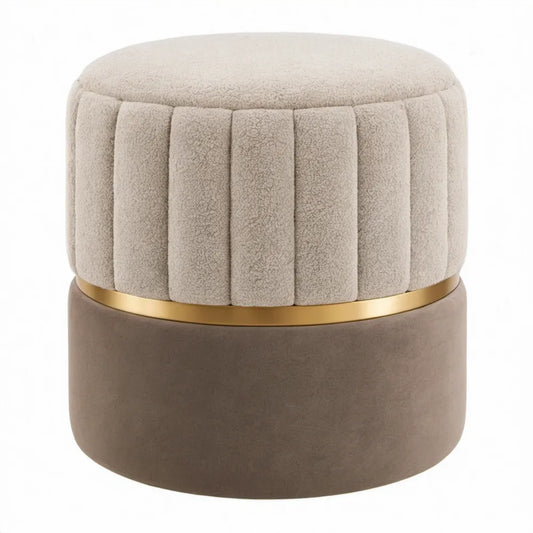 Ronde poef van bouclé en fluweel in beige, bruin en goud – Ø 40 x H 45 cm