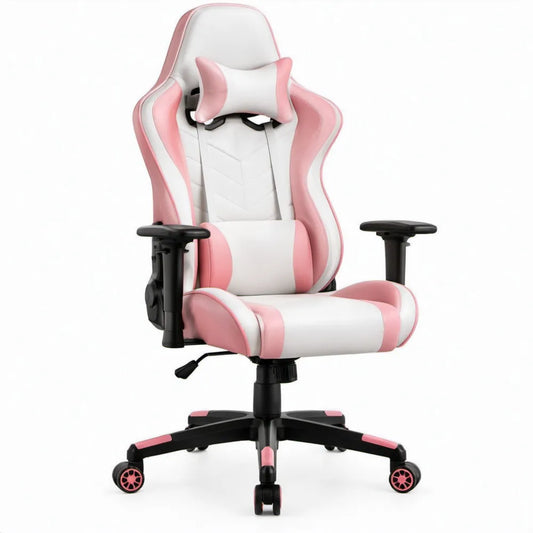 Roze-witte gamingstoel van PU-kunstleer met verstelbare rugleuning, 66 x 64 x 122-132 cm