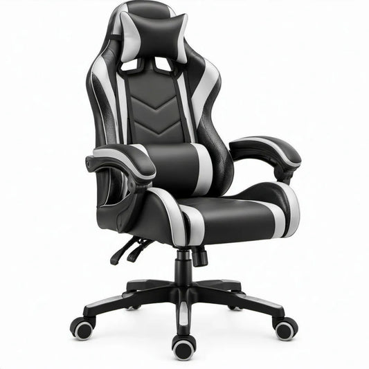 Verstelbare gamingstoel van PU-kunstleer met hoofdsteun en lendenkussen, zwart/wit, 66 x 70 x 124-134 cm