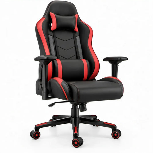 Gamingstoel van zwart en rood kunstleer met verstelbare rugleuning, 65 x 65 x 118-128 cm