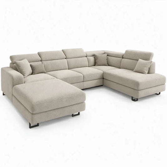 U-vormige hoekbank 5-zits met 2 chaise-longues 350 x 170 x 85 cm beige polyester met zwarte stalen poten