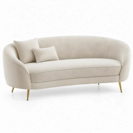 Gebogen 2-zitsbank in crème polyester met goudkleurige stalen poten, 180 x 85 x 78 cm