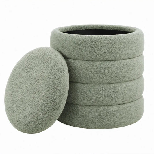 Ronde opbergpoef met deksel, 40 x 40 x 44 cm, saliegroen bouclé