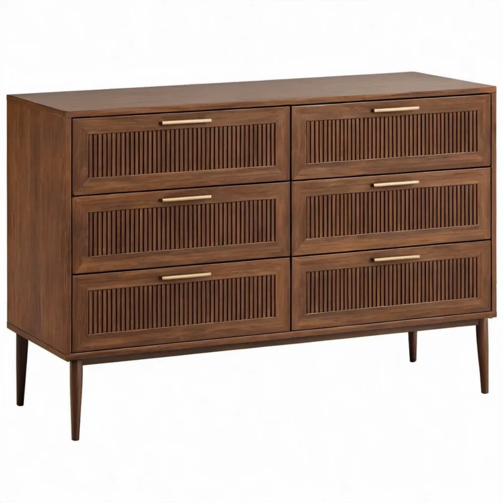 Ladekast met 6 lades, 152 x 46 x 90 cm, massief acaciahout, walnootbruin