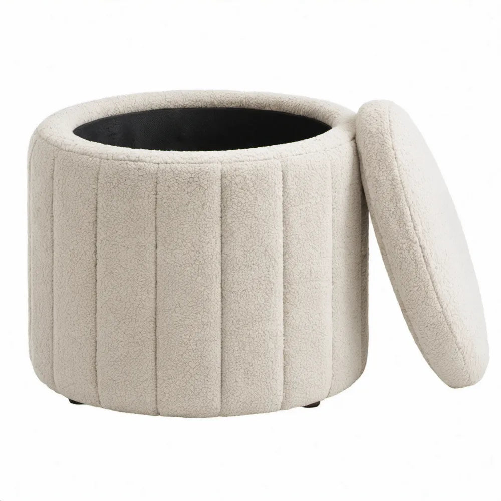 Ronde opbergpoef met deksel Ø 40 x 42 cm in crèmewit bouclé