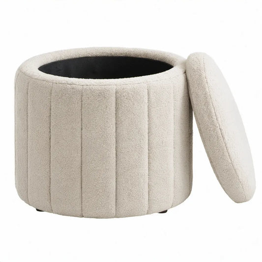 Ronde opbergpoef met deksel Ø 40 x 42 cm in crèmewit bouclé