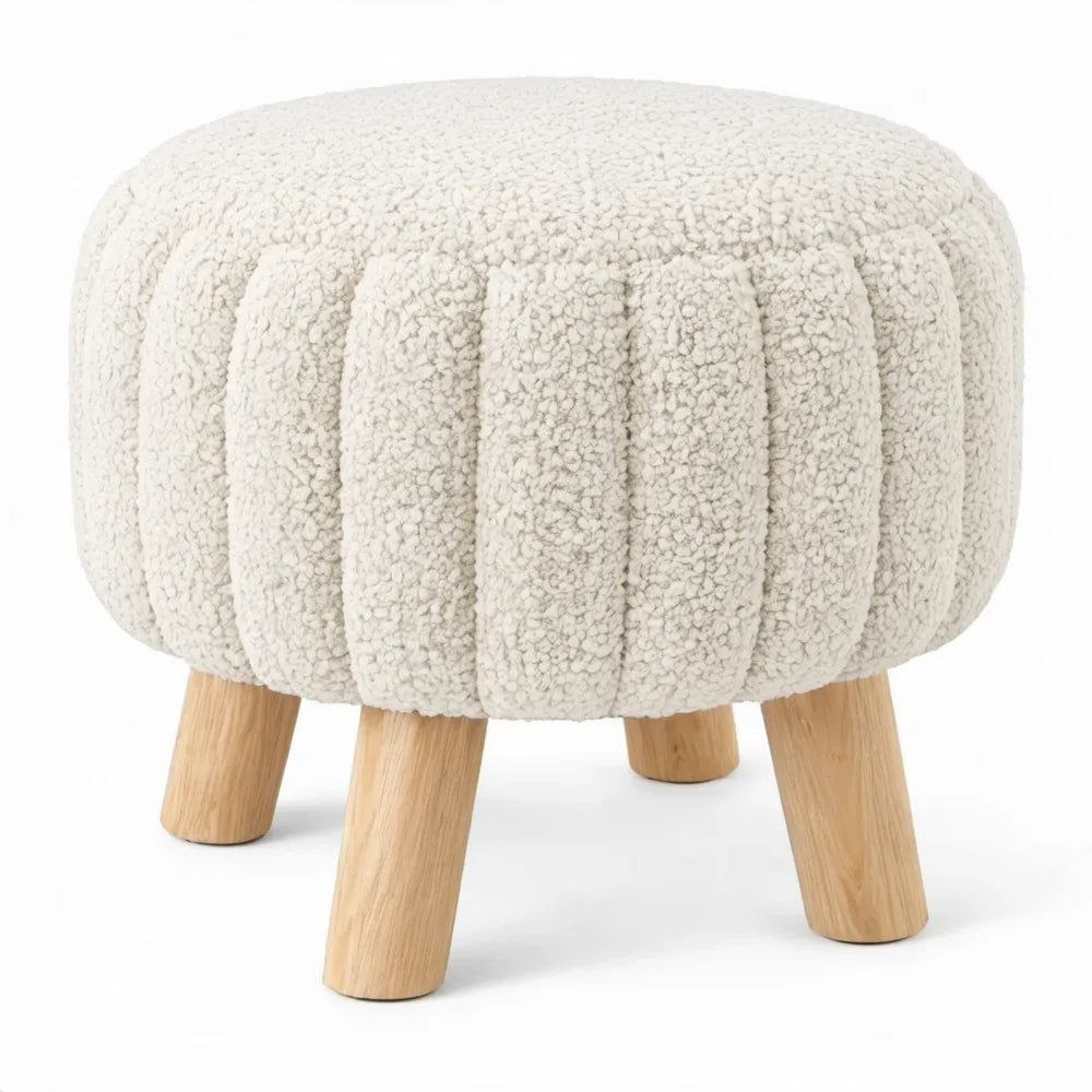 Ronde voetenbank van crèmekleurige bouclé met naturel rubberhouten poten, 40 x 40 x 42 cm
