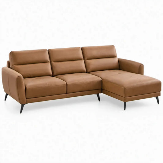 Cognacbruine hoekbank met chaise longue rechts, PU-kunstleer en zwarte stalen poten, 255 x 160 x 88 cm