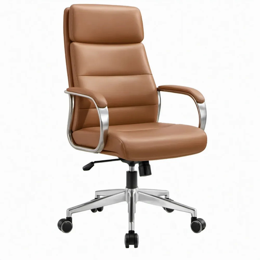 Directiestoel Cognacbruin PU-kunstleer met Chromen Onderstel, 66 x 66 x 112-122 cm
