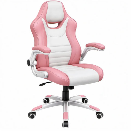 Verstelbare gamingstoel van PU-kunstleer, 65 x 65 x 118-128 cm, Roze/Wit