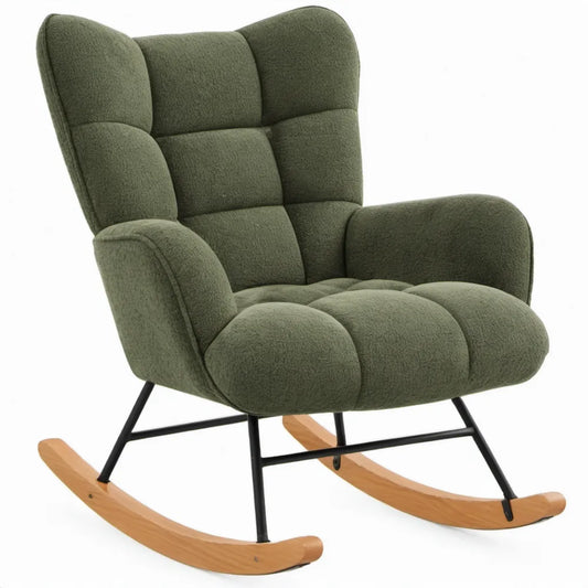 Groene bouclé schommelstoel met hoge rugleuning, zwart stalen onderstel en beukenhouten sledes – 68 x 96 x 102 cm