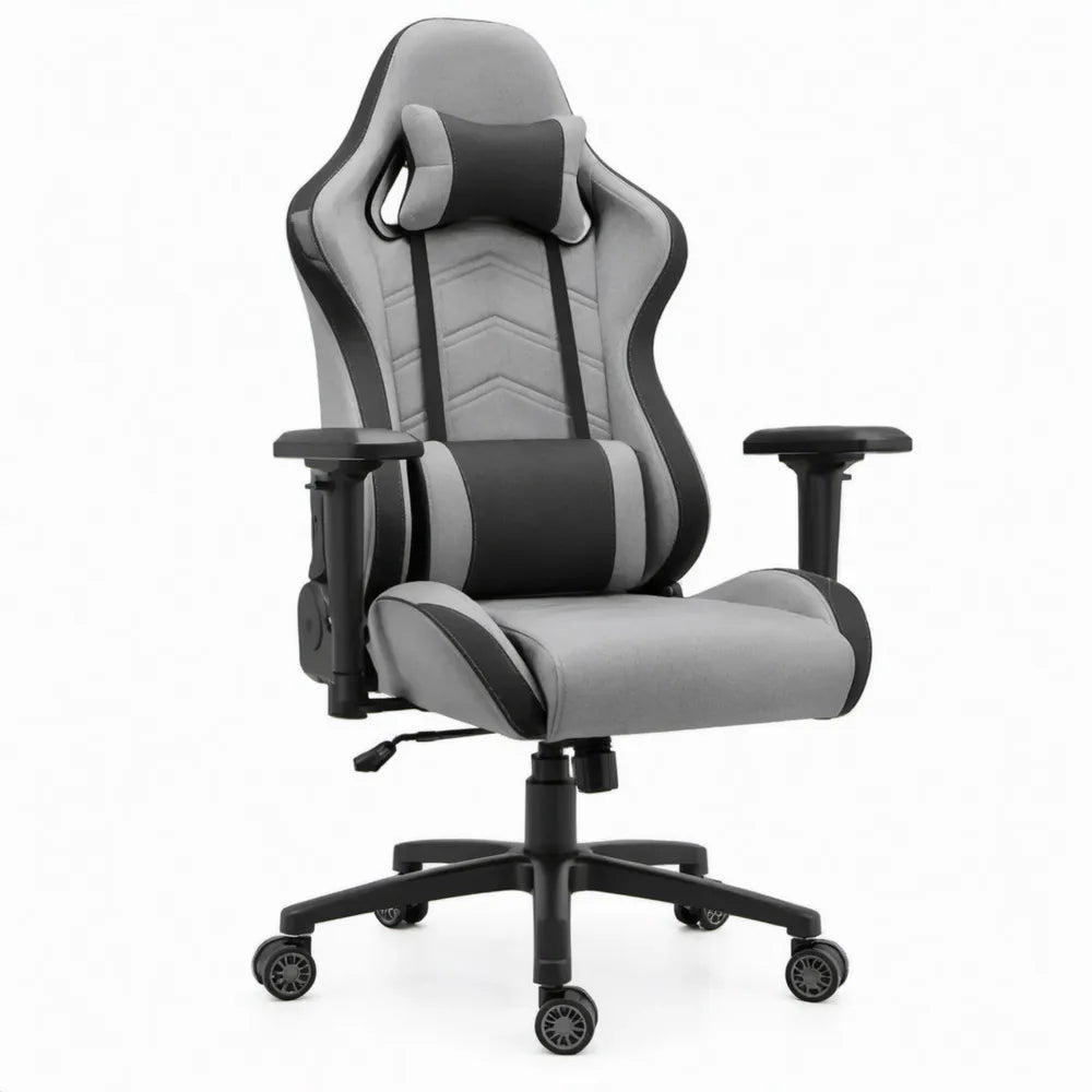 Verstelbare Gamingstoel met Hoofd- en Lendenkussen, Grijs/Zwart, 68 x 68 x 122-132 cm