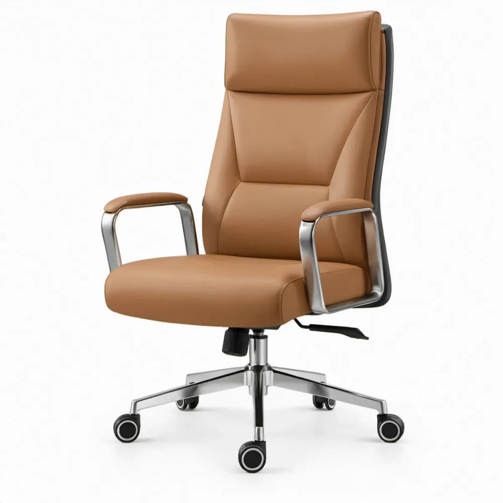 Ergonomische bureaustoel camelbruin met hoge rugleuning, armleuningen en wielen, 64 x 64 x 118-128 cm