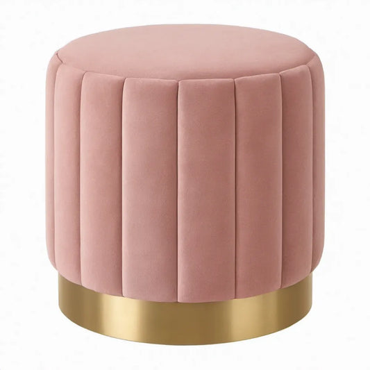 Ronde roze fluwelen poef met goudkleurige roestvrijstalen voet, 40 x 42 cm