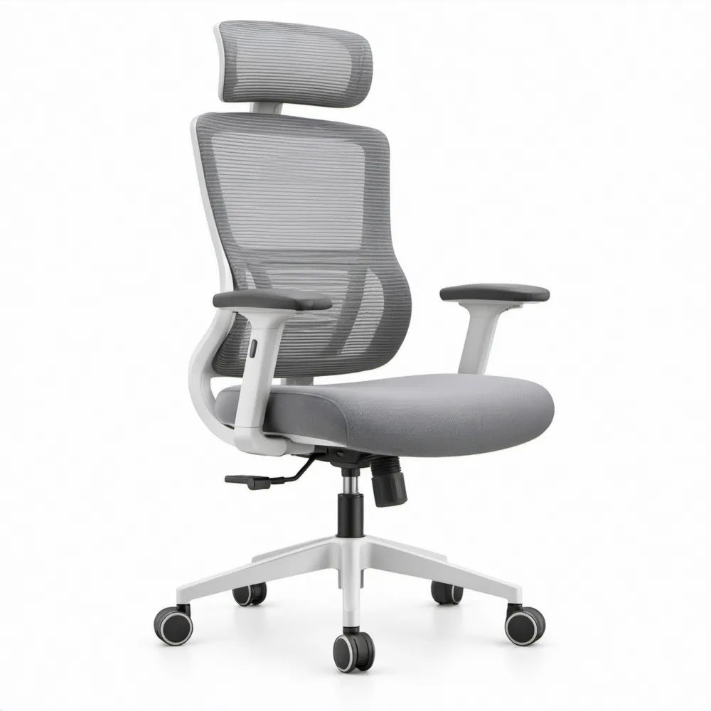 Ergonomische bureaustoel met hoofdsteun, grijs/wit/zwart, 65 x 65 x 118-128 cm