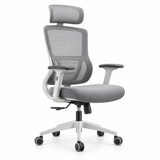 Ergonomische bureaustoel met hoofdsteun, grijs/wit/zwart, 65 x 65 x 118-128 cm