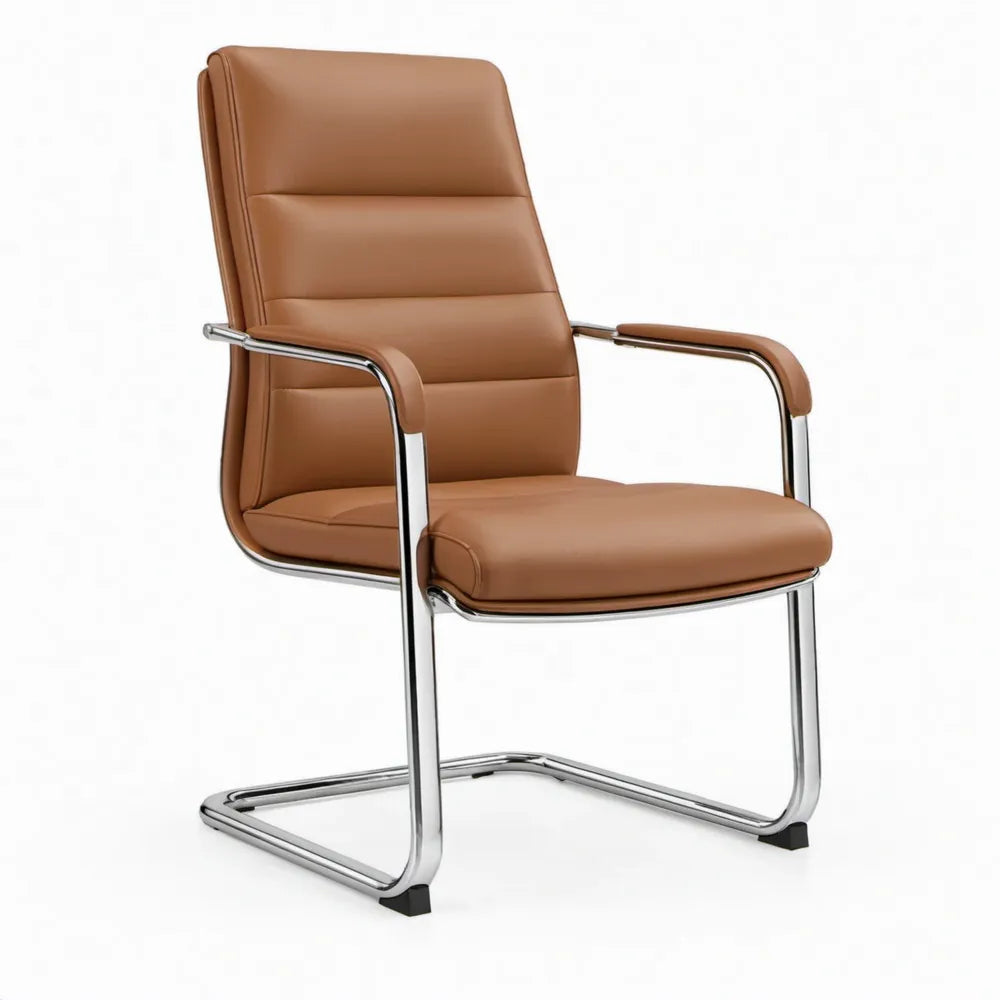 Cognacbruine stoel met armleuningen en verchroomd sledeframe, 60 x 65 x 98 cm