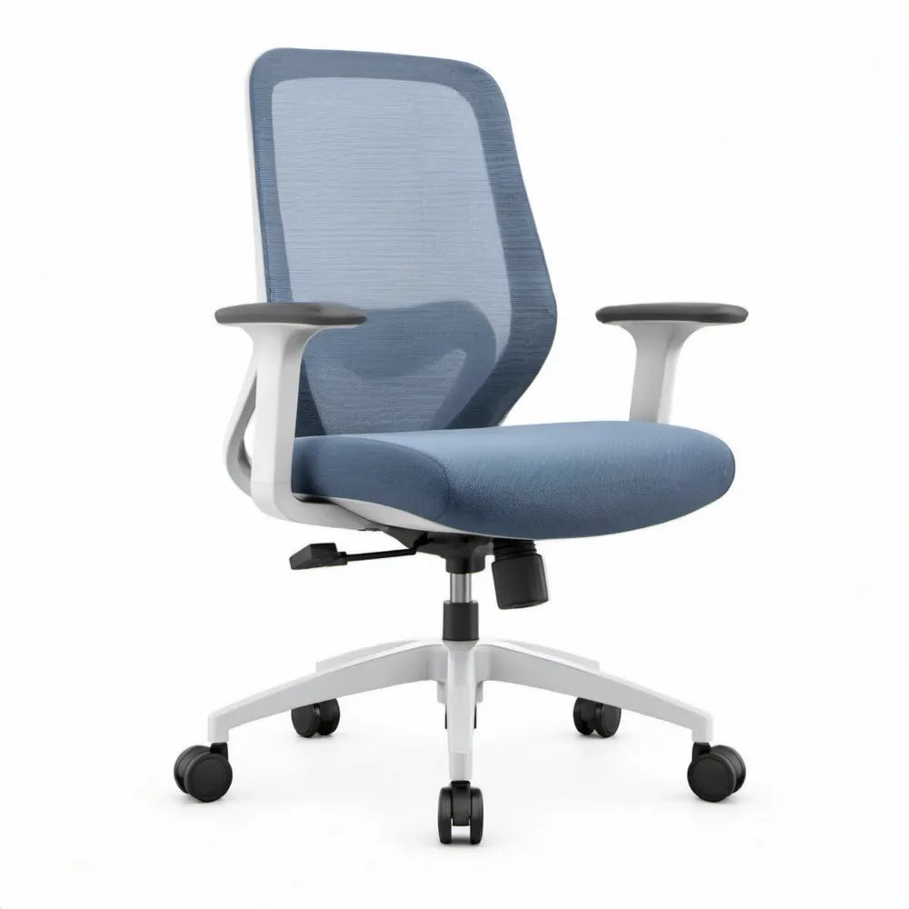 Blauwe en witte bureaustoel met armleuningen en wielen, 62 x 62 x 94-104 cm