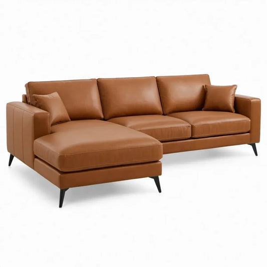 Cognacbruine hoekbank met rechter chaise longue, 3-zits, 280 x 165 x 85 cm, PU-kunstleer