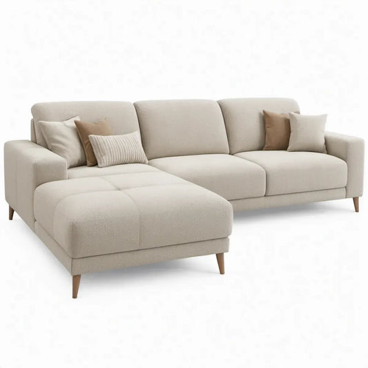Crèmekleurige hoekbank met chaise longue links, 245 x 155 x 85 cm