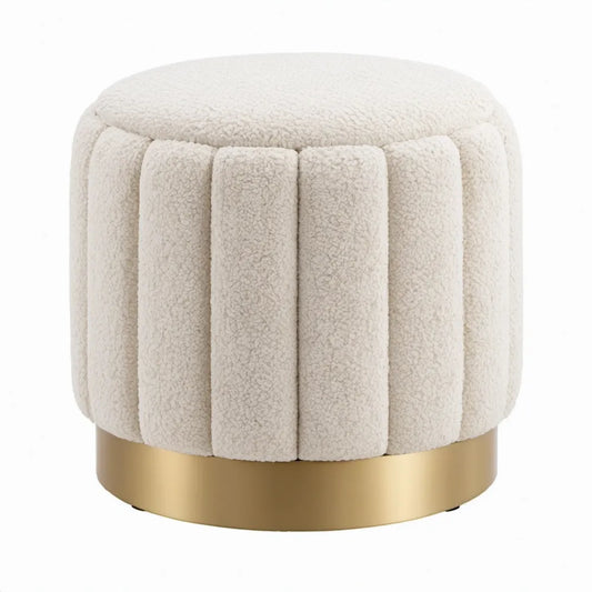 Ronde voetenbank 45 x 45 cm van crèmekleurige bouclé met goudkleurige stalen voet