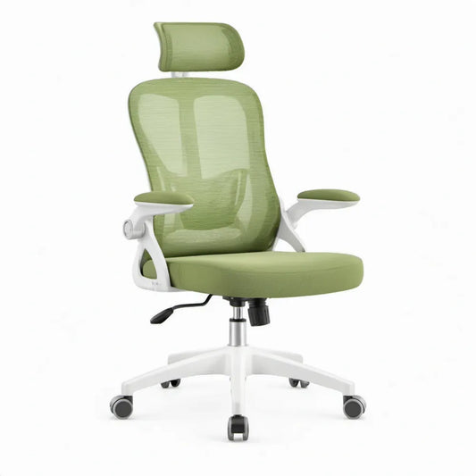 Groene ergonomische bureaustoel met hoofdsteun, wit onderstel, 64 x 64 x 116-126 cm